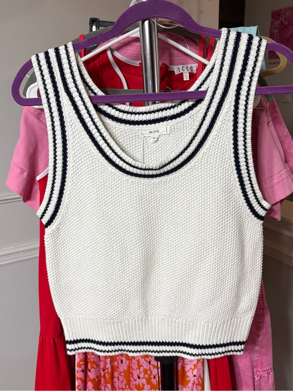 mine White Knit Tank with Navy Stripe Trim